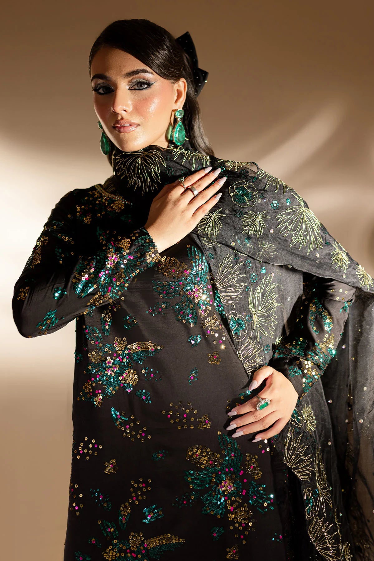 Nureh Unstitched Embellished Suit | TW-02 Golden Stardust | SLC