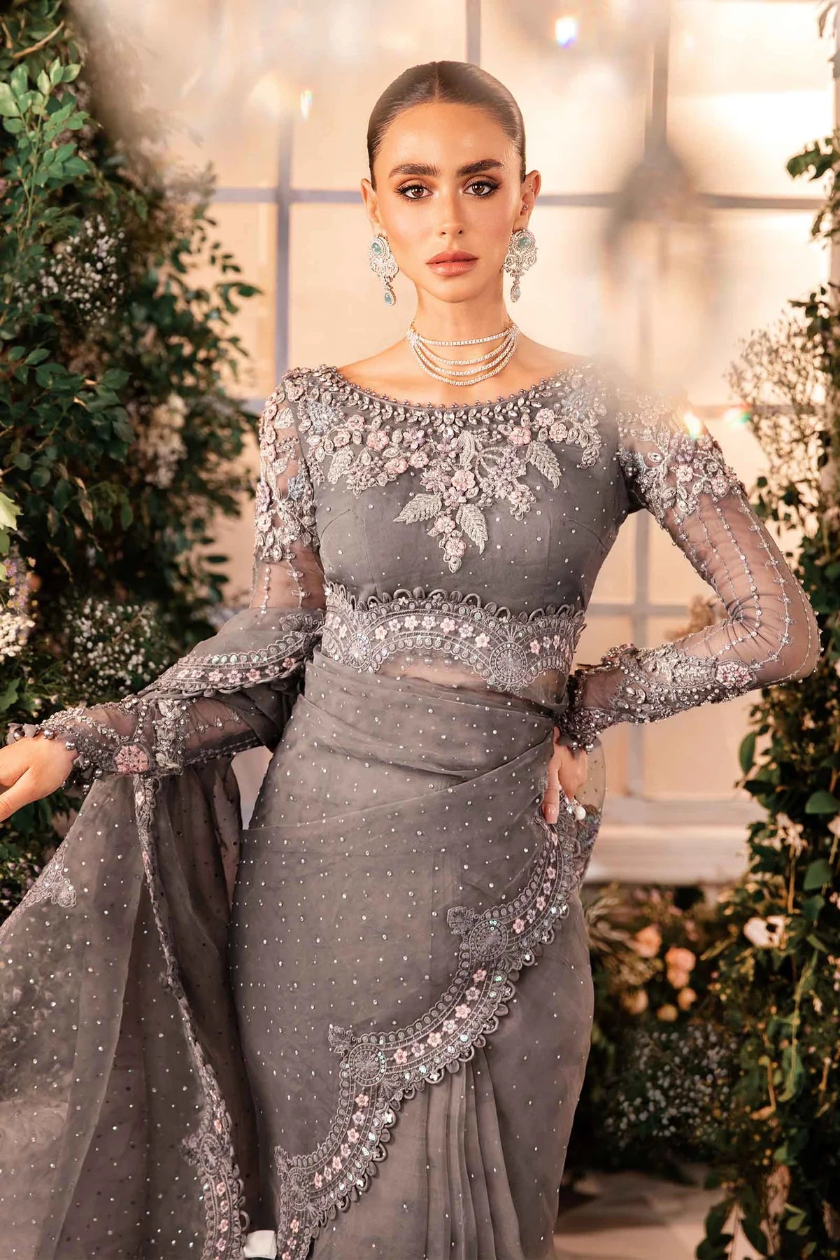 3 Piece Unstitched Embroidered Net Saree | BD-2902 - SFC