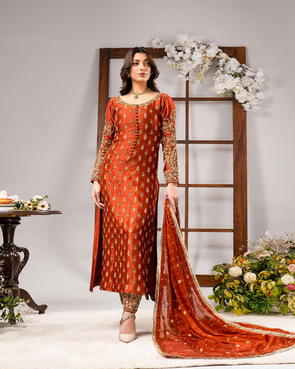 Ahmad Sultan Unstitched Embellished Suit | Tangerine | SLC
