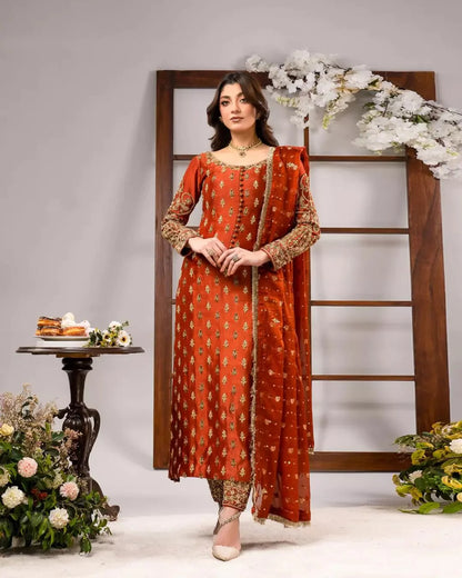 Ahmad Sultan Unstitched Embellished Suit | Tangerine | SLC