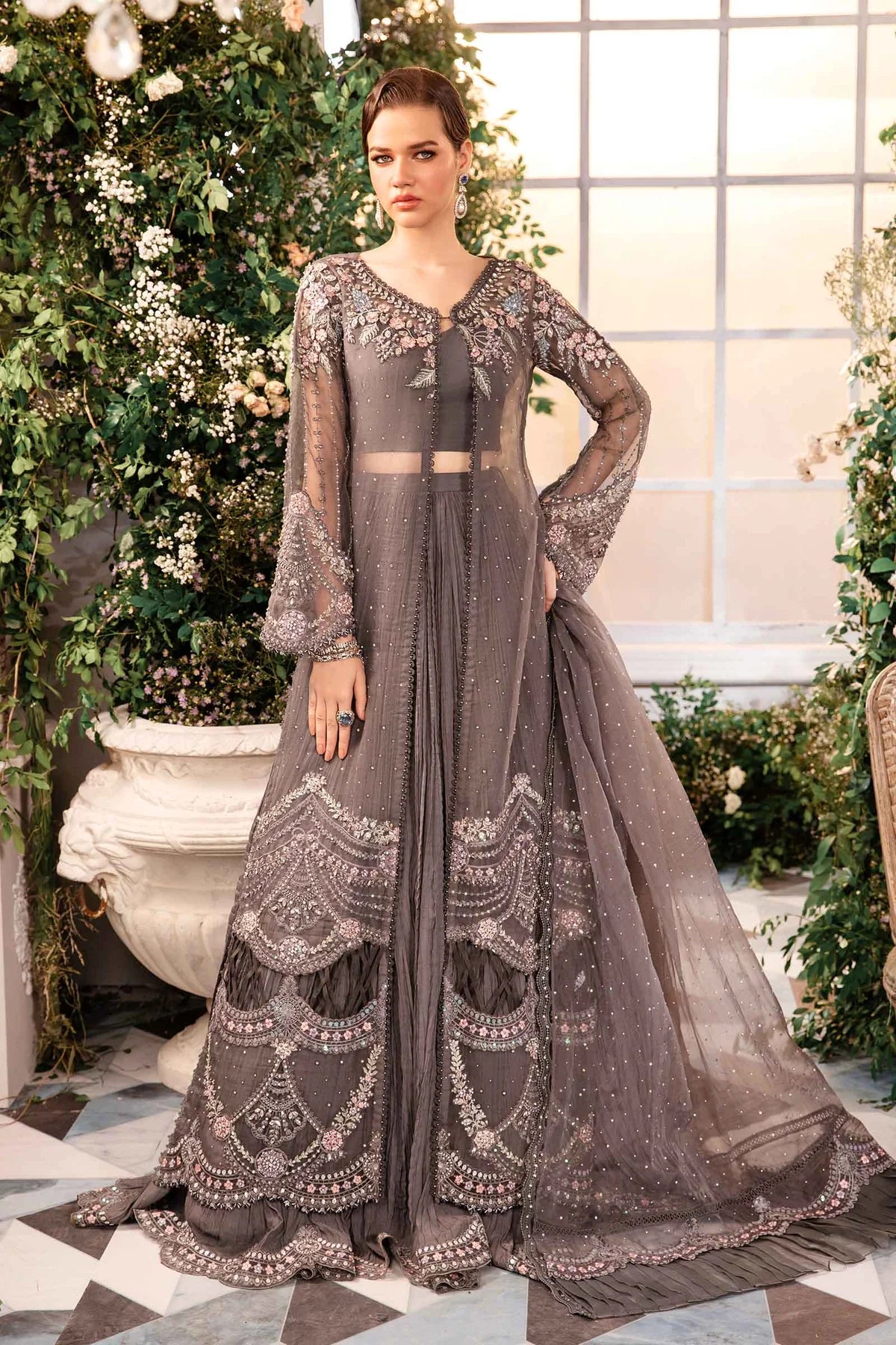 3 Piece Unstitched Embroidered Net Saree | BD-2902 - SFC