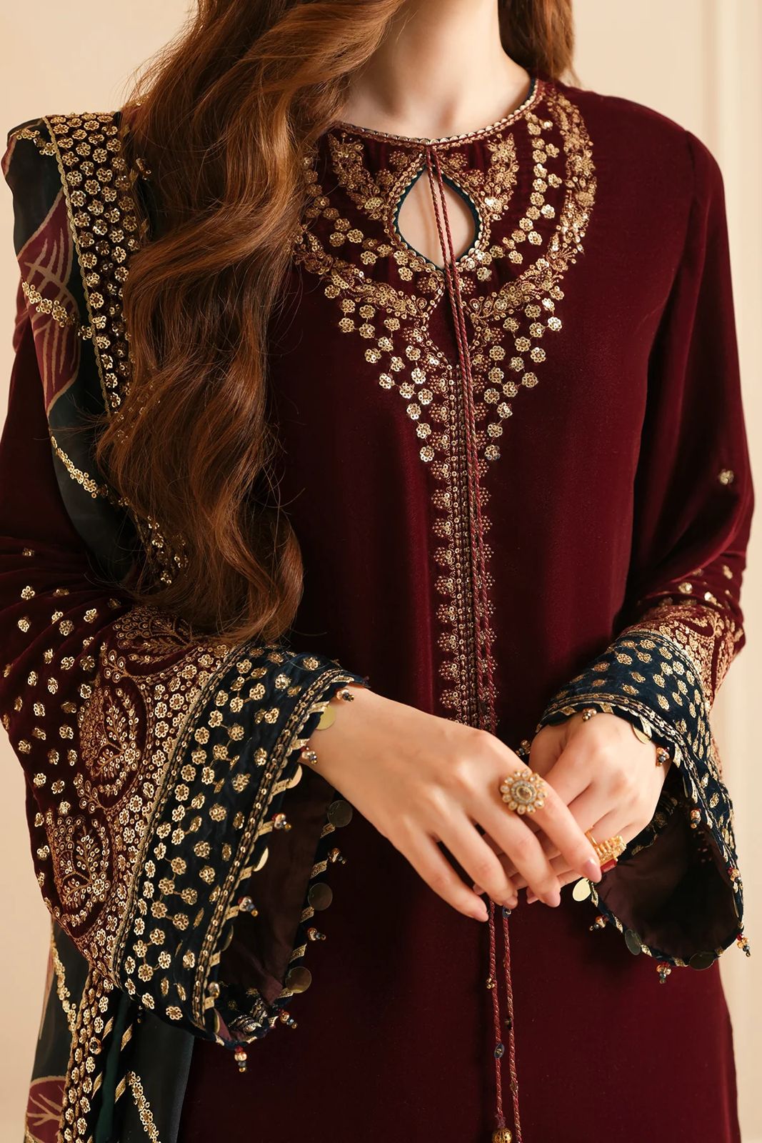 JAZMIN-3 Piece Embroidered Micron Velvet Suit - SFC