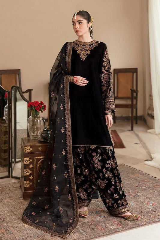 3 Piece Unstitched Heavy Embroidered Velvet Suit (Four Sided Embroidered Organza Dupatta) - SFC