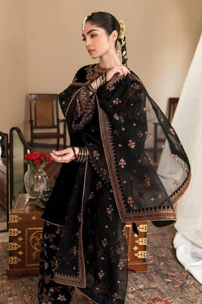 3 Piece Unstitched Heavy Embroidered Velvet Suit (Four Sided Embroidered Organza Dupatta) - SFC